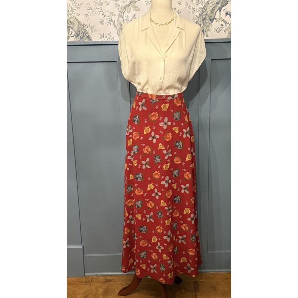 Harold's‎ Maxi Skirt Size 4 Floral 90s Vintage A-Line Lined Back Zip Rust Blue